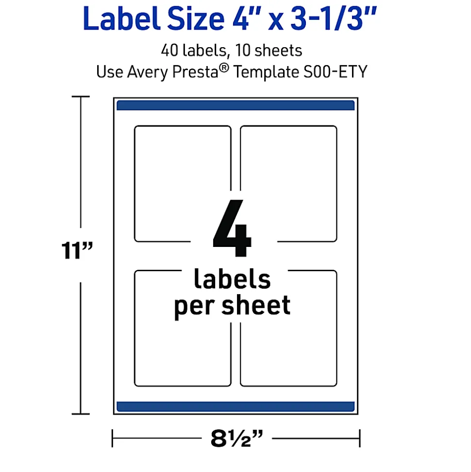 Avery® Printable Labels With Sure Feed® Technology, S00-ETY, Rectangle, 4" x 3-1/3", Matte White With Preprinted Blue Waves Design, Pack Of 40