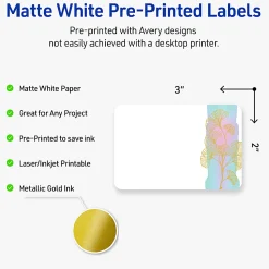 Avery® Printable Labels With Sure Feed® Technology, S00-EVE, Rectangle, 2" x 3", Matte White With Preprinted Watercolor/Gold Leaf Design, Pack Of 80