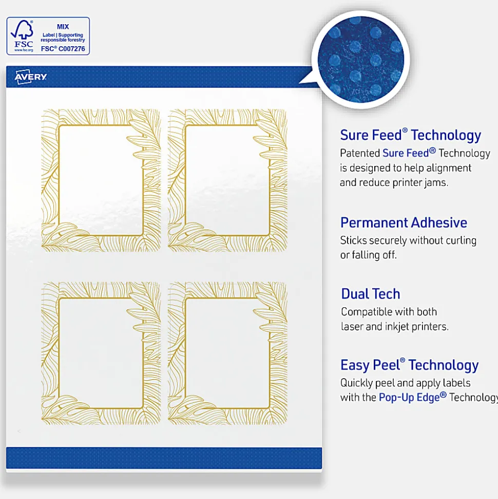 Avery® Printable Labels With Sure Feed® Technology, S00-EVB, Square, 2" x 2", Glossy White With Preprinted Watercolor/Gold Leaf Design, Pack Of 120