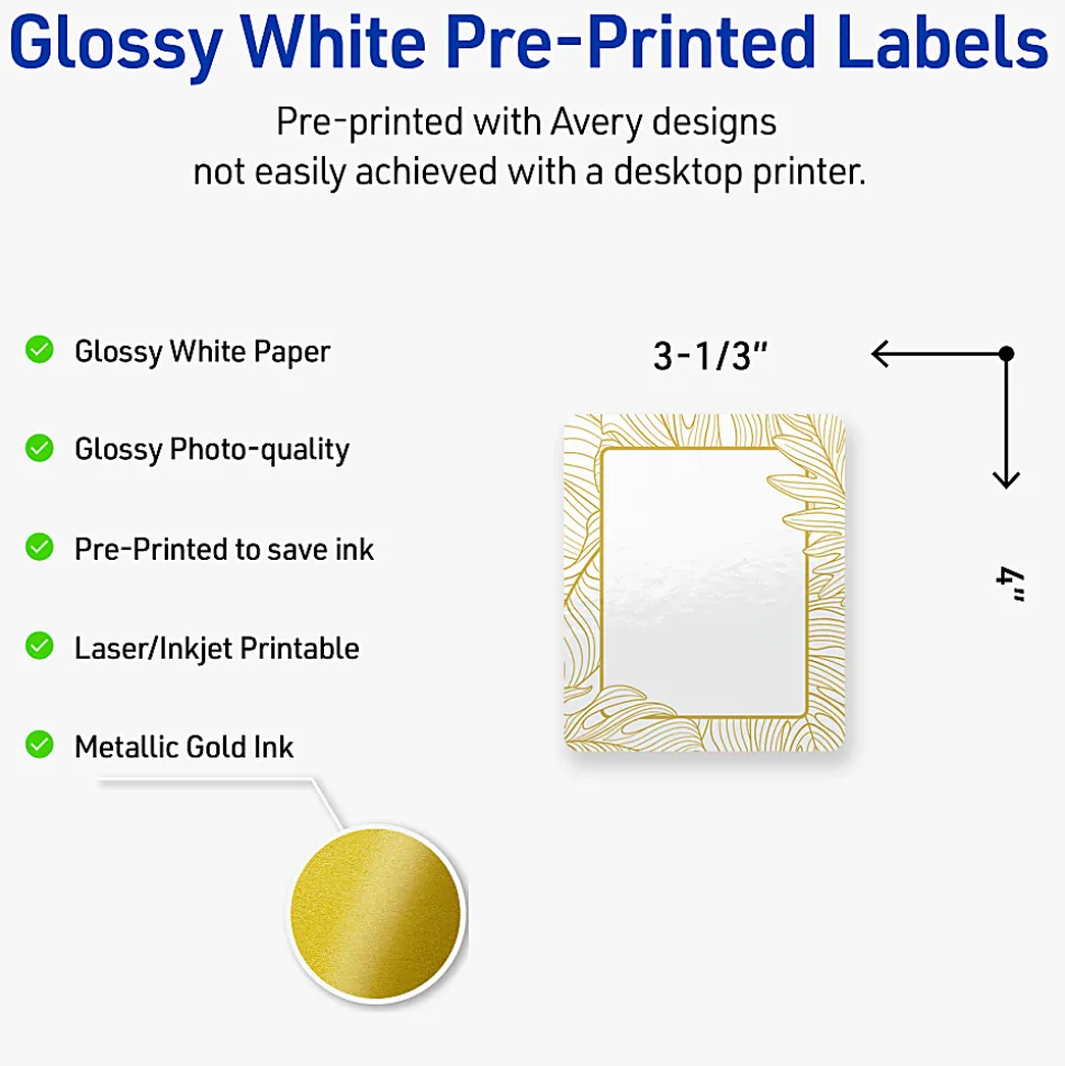 Avery® Printable Labels With Sure Feed® Technology, S00-EVB, Square, 2" x 2", Glossy White With Preprinted Watercolor/Gold Leaf Design, Pack Of 120