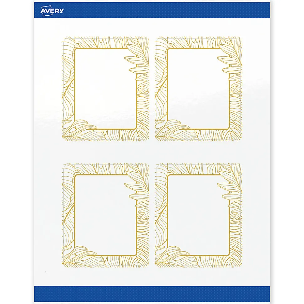 Avery® Printable Labels With Sure Feed® Technology, S00-EVB, Square, 2" x 2", Glossy White With Preprinted Watercolor/Gold Leaf Design, Pack Of 120