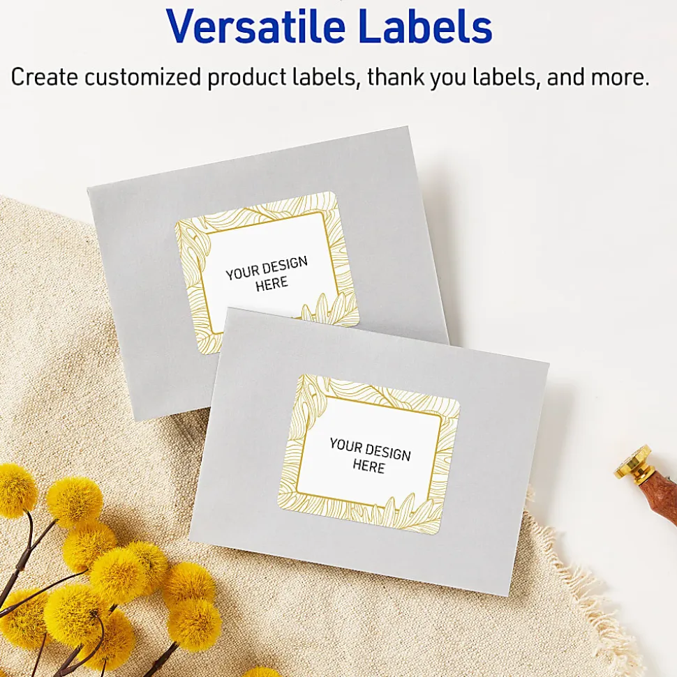 Avery® Printable Labels With Sure Feed® Technology, S00-EVB, Square, 2" x 2", Glossy White With Preprinted Watercolor/Gold Leaf Design, Pack Of 120