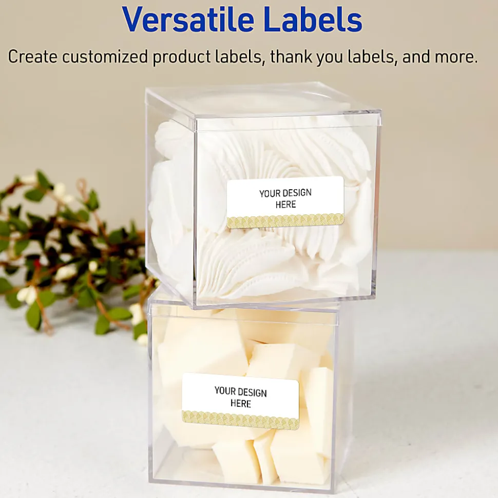 Avery® Printable Labels With Sure Feed® Technology, S00-EVR, Square, 3" x 3", Matte White With Preprinted Watercolor/Gold Leaf Design, Pack Of 60