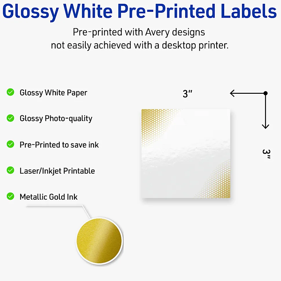 Avery® Printable Labels With Sure Feed® Technology, S00-EWQ, Square, 3" x 3", Glossy White With Preprinted Gold-Blush Pattern, Pack Of 60