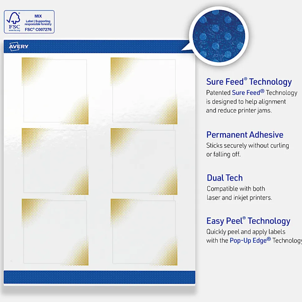 Avery® Printable Labels With Sure Feed® Technology, S00-EWQ, Square, 3" x 3", Glossy White With Preprinted Gold-Blush Pattern, Pack Of 60