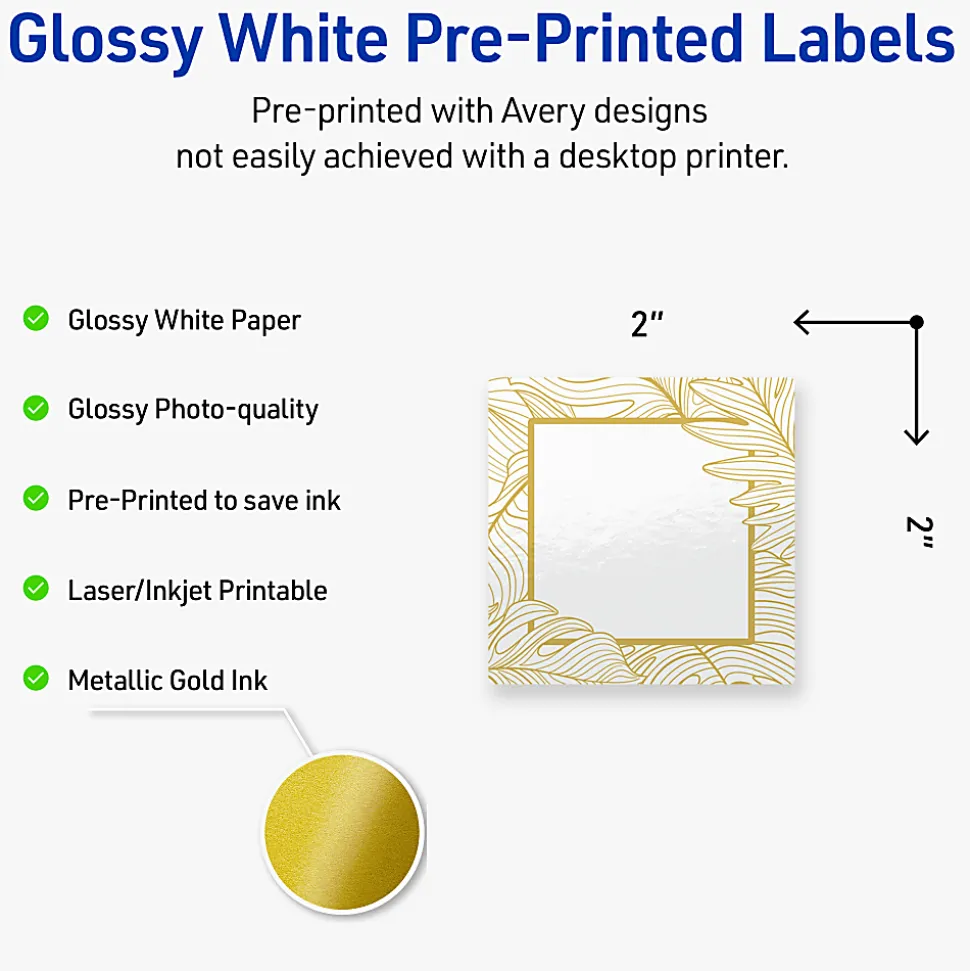 Avery® Printable Labels With Sure Feed® Technology, S00-EVT, Square, 2" x 2", Glossy White With Preprinted Gold Leaf Pattern, Pack Of 120