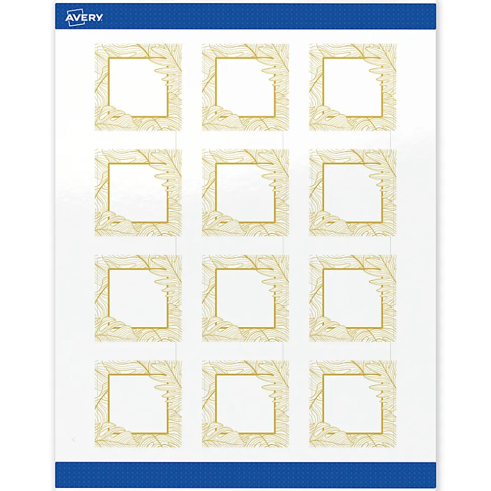 Avery® Printable Labels With Sure Feed® Technology, S00-EVT, Square, 2" x 2", Glossy White With Preprinted Gold Leaf Pattern, Pack Of 120