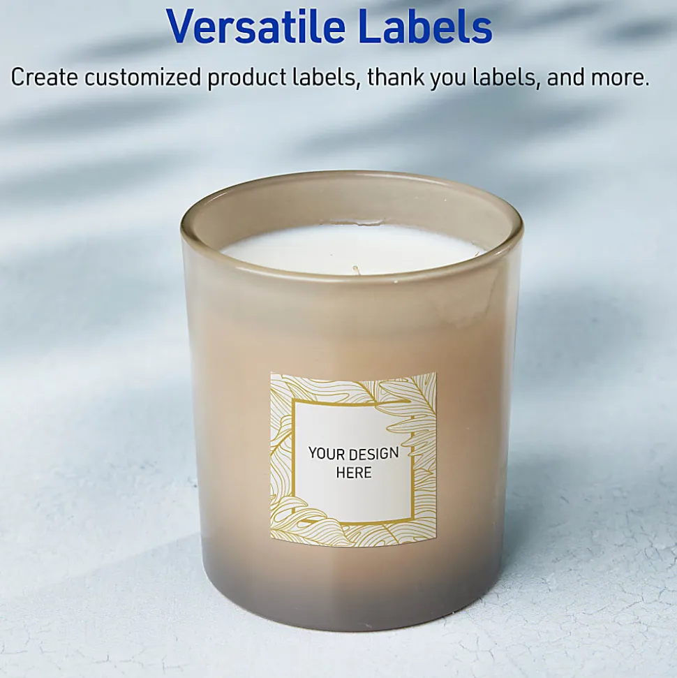 Avery® Printable Labels With Sure Feed® Technology, S00-EVT, Square, 2" x 2", Glossy White With Preprinted Gold Leaf Pattern, Pack Of 120
