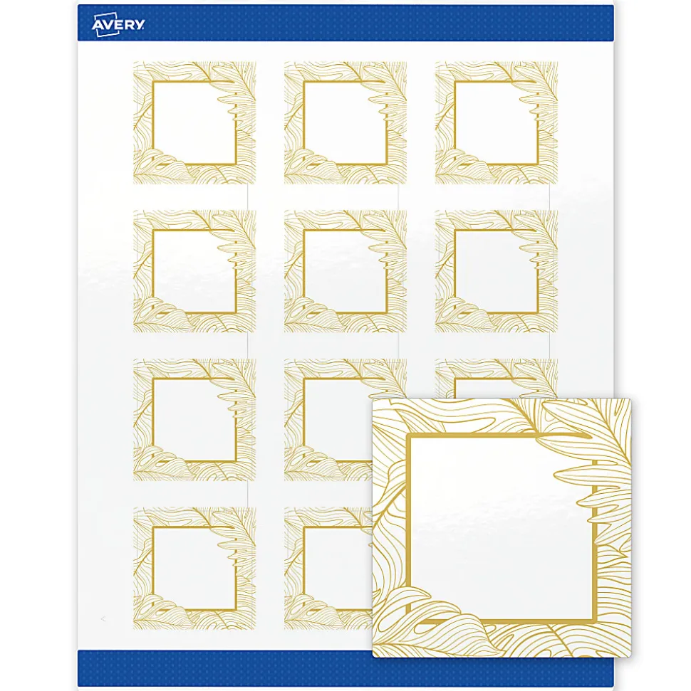 Avery® Printable Labels With Sure Feed® Technology, S00-EVT, Square, 2" x 2", Glossy White With Preprinted Gold Leaf Pattern, Pack Of 120