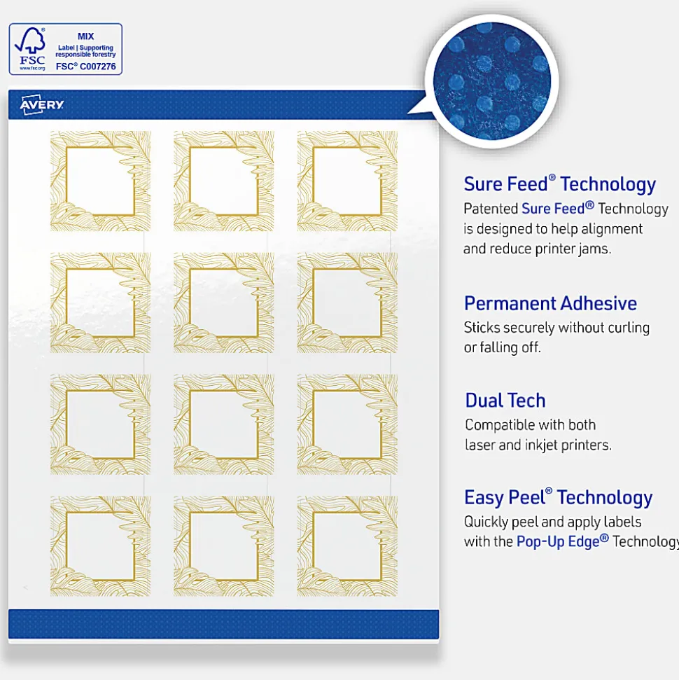 Avery® Printable Labels With Sure Feed® Technology, S00-EVT, Square, 2" x 2", Glossy White With Preprinted Gold Leaf Pattern, Pack Of 120