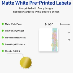 Avery® Printable Labels With Sure Feed® Technology, S00-EVD, 4" x 3-1/3", Matte White With Preprinted Watercolor/Gold Leaf Design, Pack Of 40