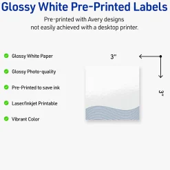 Avery® Printable Labels With Sure Feed® Technology, S00-EV8, Square, 3" x 3", Glossy White With Preprinted Blue Waves Design, Pack Of 60