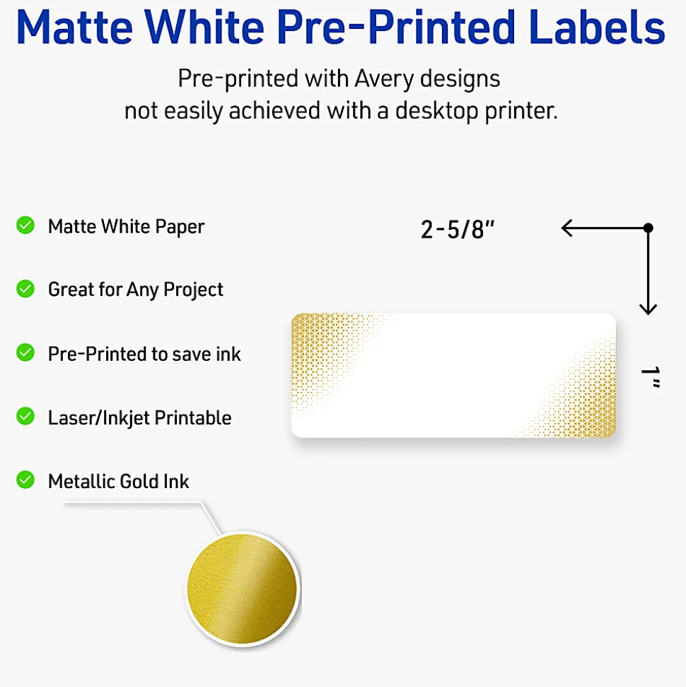 Avery® Printable Labels With Sure Feed® Technology, S00-EWB, Rectangle, 1" x 2-5/8", Matte White With Preprinted Gold-Blush Pattern, Pack Of 160