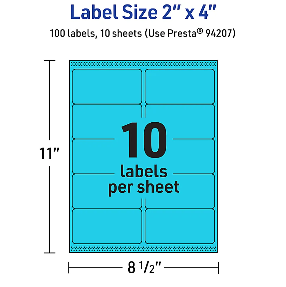 Avery® Printable Labels With Sure Feed® Technology, 94207-BBP10, Rectangle, 2" x 4", Matte Bright Blue, Pack of 100
