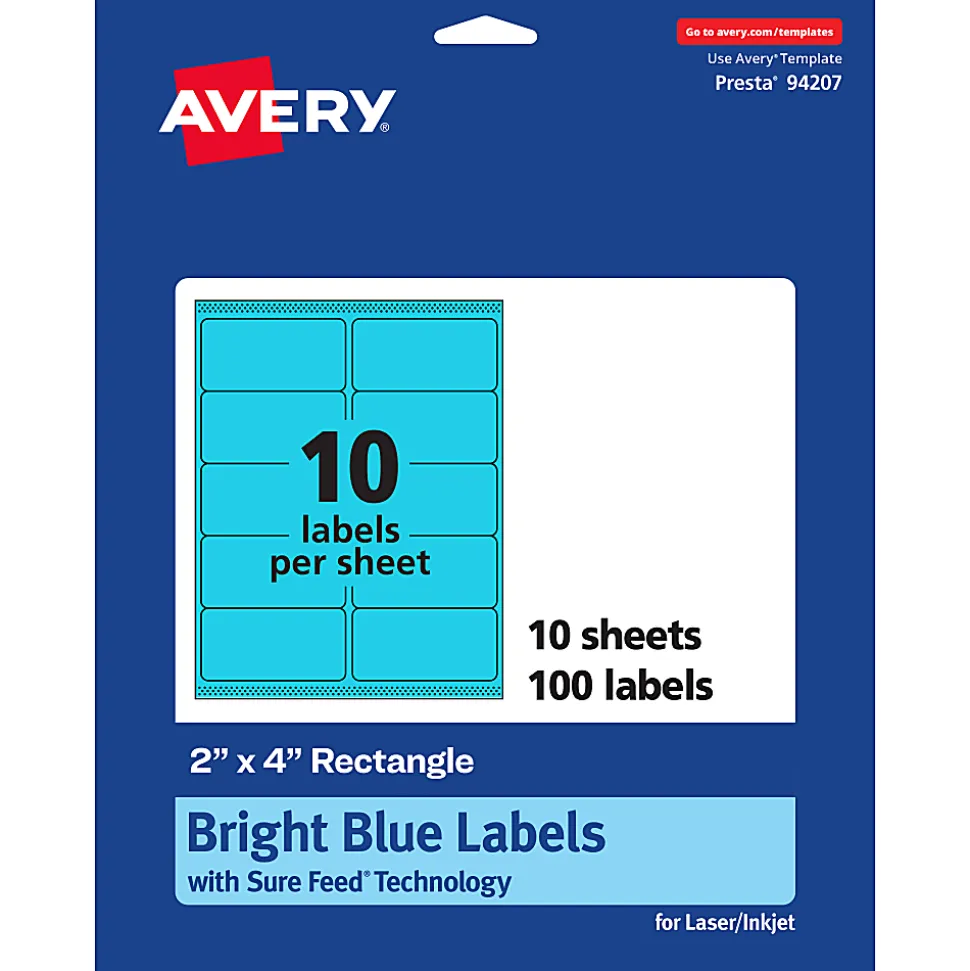 Avery® Printable Labels With Sure Feed® Technology, 94207-BBP10, Rectangle, 2" x 4", Matte Bright Blue, Pack of 100