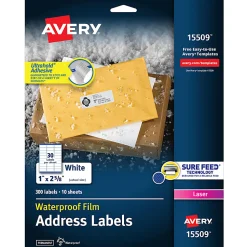 Avery® Printable Waterproof Labels with Sure Feed®, Rectangle, 1" x 2-5/8", Matte White, Pack Of 300