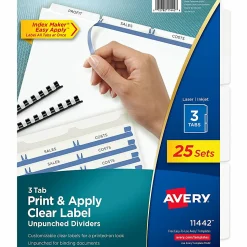 Avery® Print & Apply Clear Label Dividers With Index Maker® Easy Apply™ Printable Label Strip And White Tabs, Unpunched, 3-Tab, Box Of 25 Sets