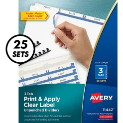 Avery® Print & Apply Clear Label Dividers With Index Maker® Easy Apply™ Printable Label Strip And White Tabs, Unpunched, 3-Tab, Box Of 25 Sets