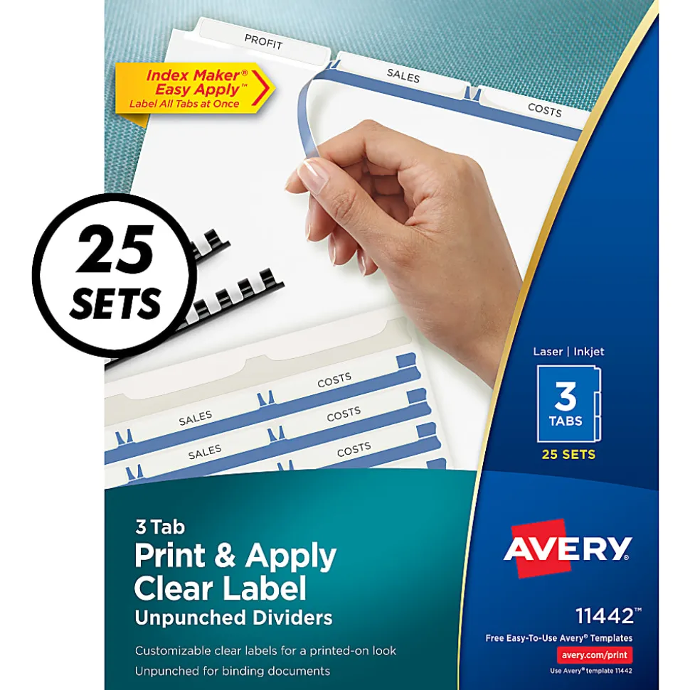 Avery® Print & Apply Clear Label Dividers With Index Maker® Easy Apply™ Printable Label Strip And White Tabs, Unpunched, 3-Tab, Box Of 25 Sets