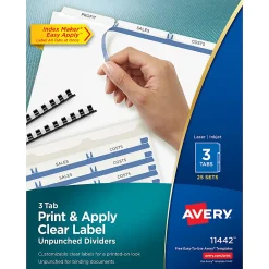 Avery® Print & Apply Clear Label Dividers With Index Maker® Easy Apply™ Printable Label Strip And White Tabs, Unpunched, 3-Tab, Box Of 25 Sets