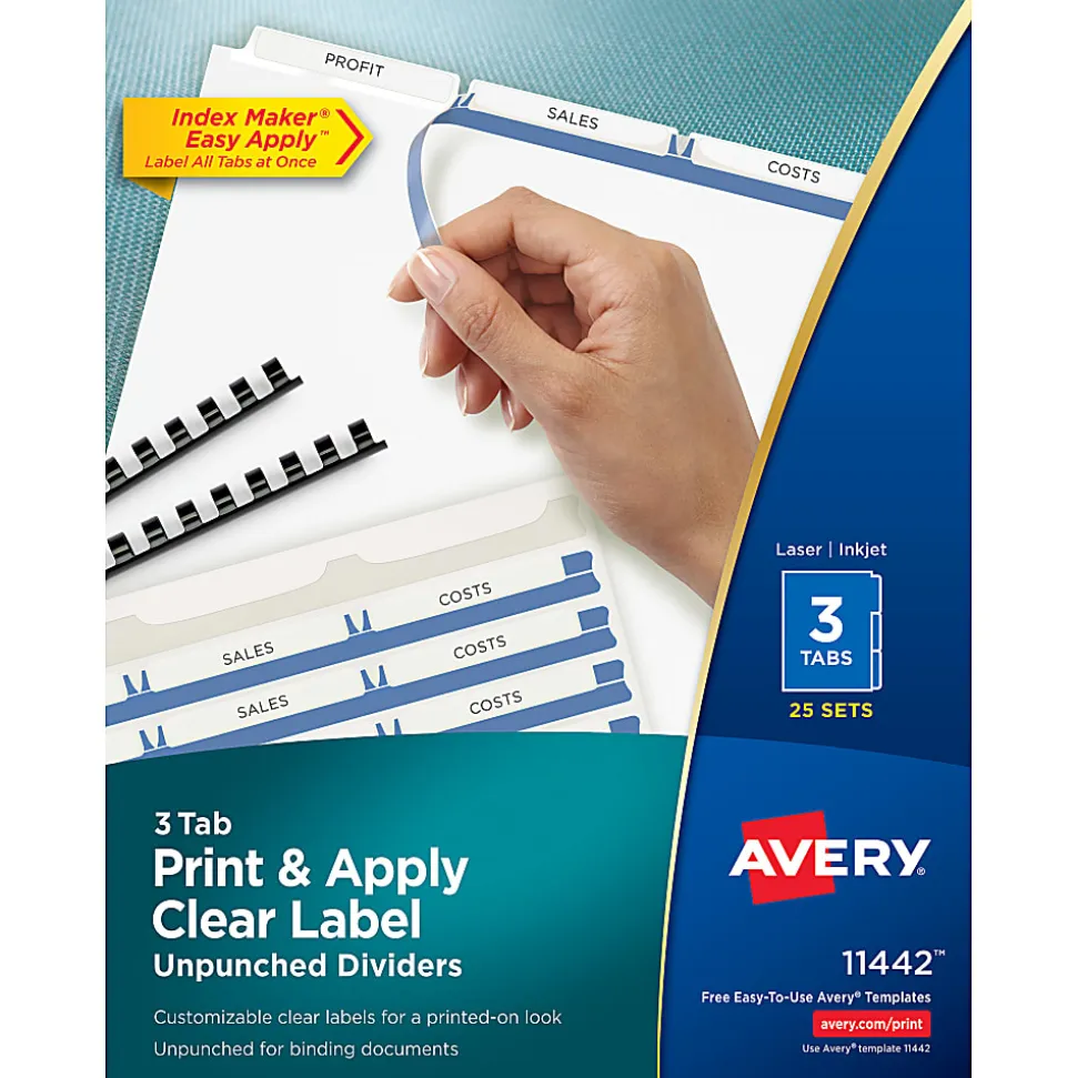 Avery® Print & Apply Clear Label Dividers With Index Maker® Easy Apply™ Printable Label Strip And White Tabs, Unpunched, 3-Tab, Box Of 25 Sets