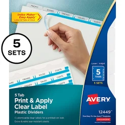 Avery® Print & Apply Clear Label Translucent Plastic Dividers, 5 Frosted Clear Tabs, 5 Sets - 12449