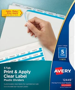 Avery® Print & Apply Clear Label Translucent Plastic Dividers, 5 Frosted Clear Tabs, 5 Sets - 12449