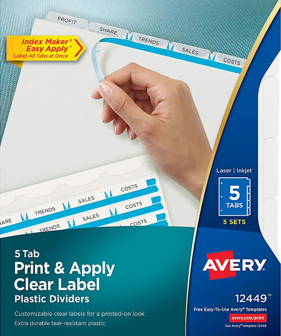 Avery® Print & Apply Clear Label Translucent Plastic Dividers, 5 Frosted Clear Tabs, 5 Sets - 12449