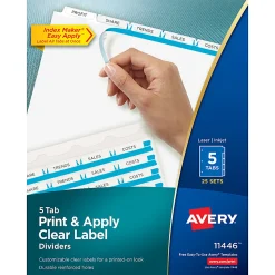 Avery® Print & Apply Clear Label Dividers With Index Maker® Easy Apply™ Printable Label Strip And White Tabs, 5-Tab, Box Of 25 Sets