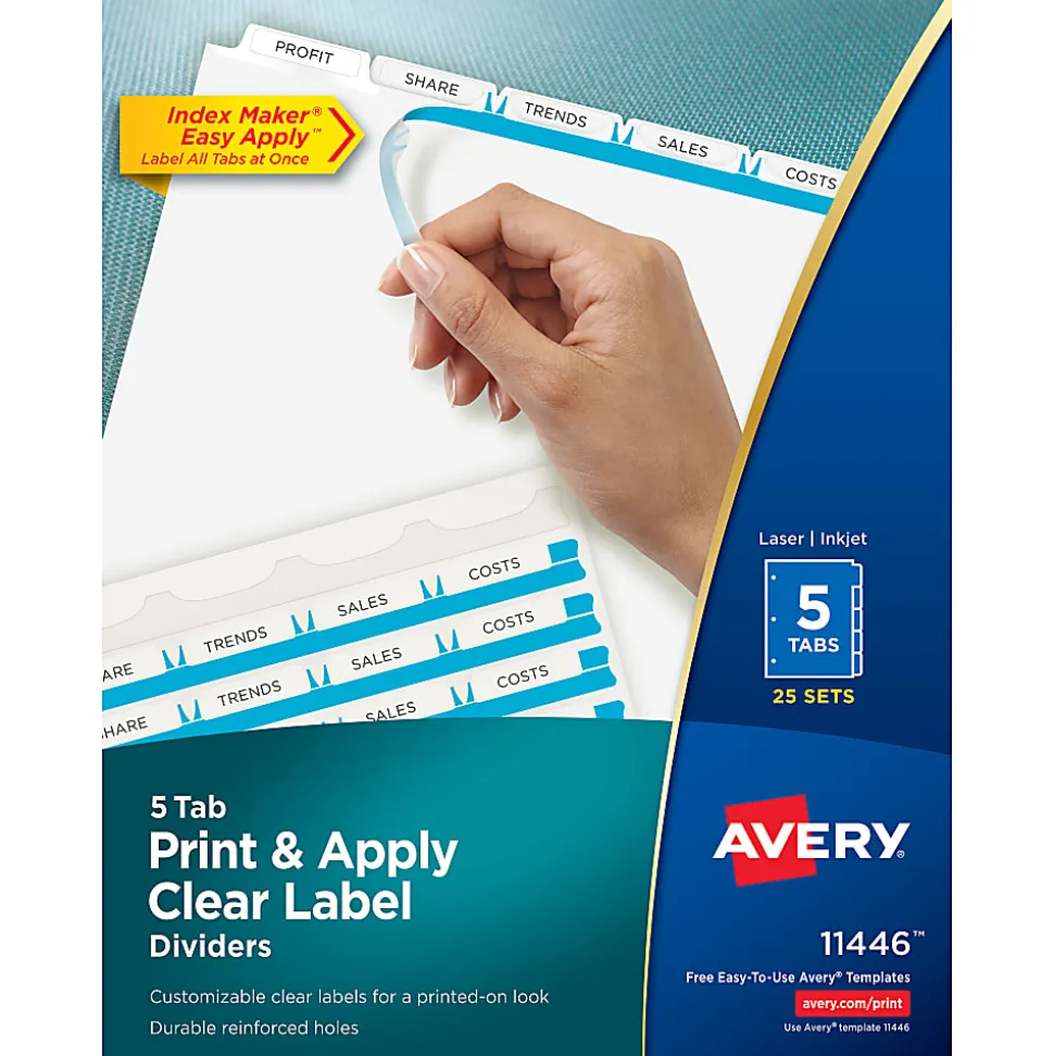 Avery® Print & Apply Clear Label Dividers With Index Maker® Easy Apply™ Printable Label Strip And White Tabs, 5-Tab, Box Of 25 Sets