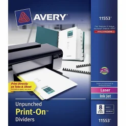 Avery® Print-On™ Dividers, 8 1/2" x 11", Unpunched, 8-Tab, White Dividers/White Tabs, Pack Of 5 Sets