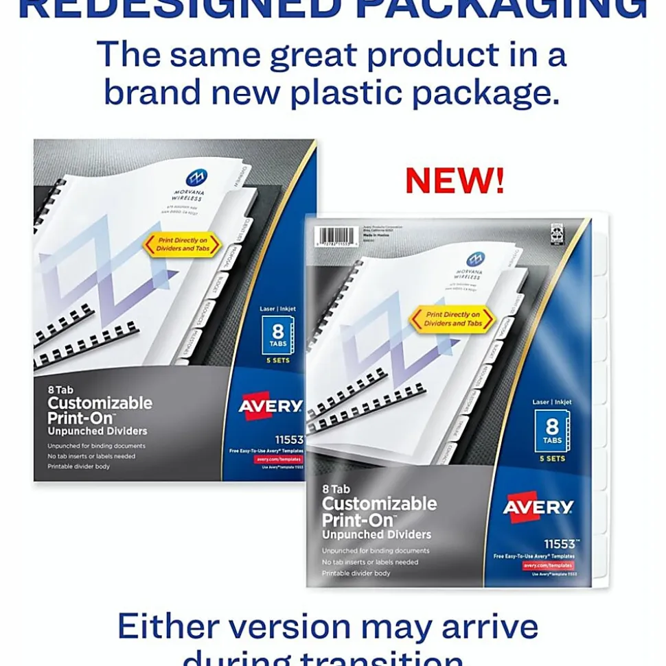 Avery® Print-On™ Dividers, 8 1/2" x 11", Unpunched, 8-Tab, White Dividers/White Tabs, Pack Of 5 Sets
