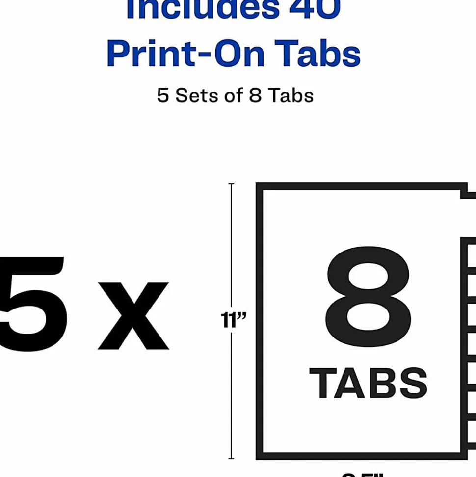 Avery® Print-On™ Dividers, 8 1/2" x 11", Unpunched, 8-Tab, White Dividers/White Tabs, Pack Of 5 Sets