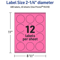 Avery® Print-To-The-Edge Labels With Sure Feed® Technology And Easy Peel® Label Feature, 94510-BPP40, Round, 2-1/4", Matte Bright Pink, Pack of 480