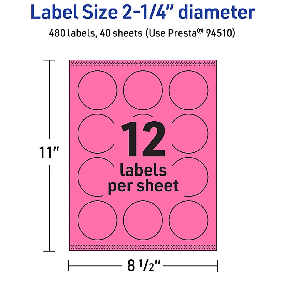 Avery® Print-To-The-Edge Labels With Sure Feed® Technology And Easy Peel® Label Feature, 94510-BPP40, Round, 2-1/4", Matte Bright Pink, Pack of 480