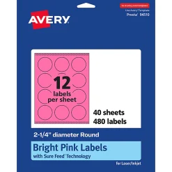 Avery® Print-To-The-Edge Labels With Sure Feed® Technology And Easy Peel® Label Feature, 94510-BPP40, Round, 2-1/4