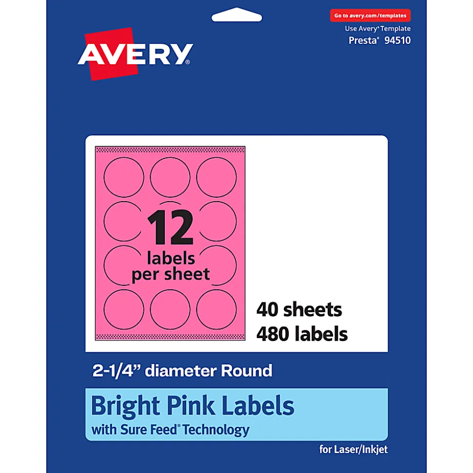 Avery® Print-To-The-Edge Labels With Sure Feed® Technology And Easy Peel® Label Feature, 94510-BPP40, Round, 2-1/4", Matte Bright Pink, Pack of 480
