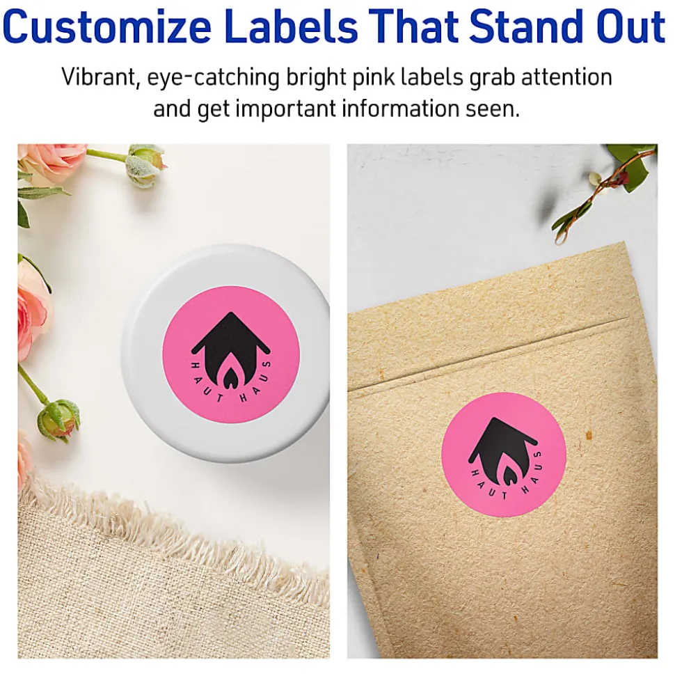 Avery® Print-To-The-Edge Labels With Sure Feed® Technology And Easy Peel® Label Feature, 94510-BPP40, Round, 2-1/4", Matte Bright Pink, Pack of 480