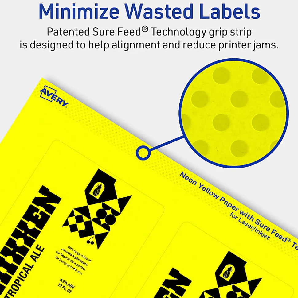 Avery® Print-To-The-Edge Labels With Sure Feed® Technology, 94252-NYP80, Rectangle, 4" x 3", Matte Neon Yellow, Pack of 320