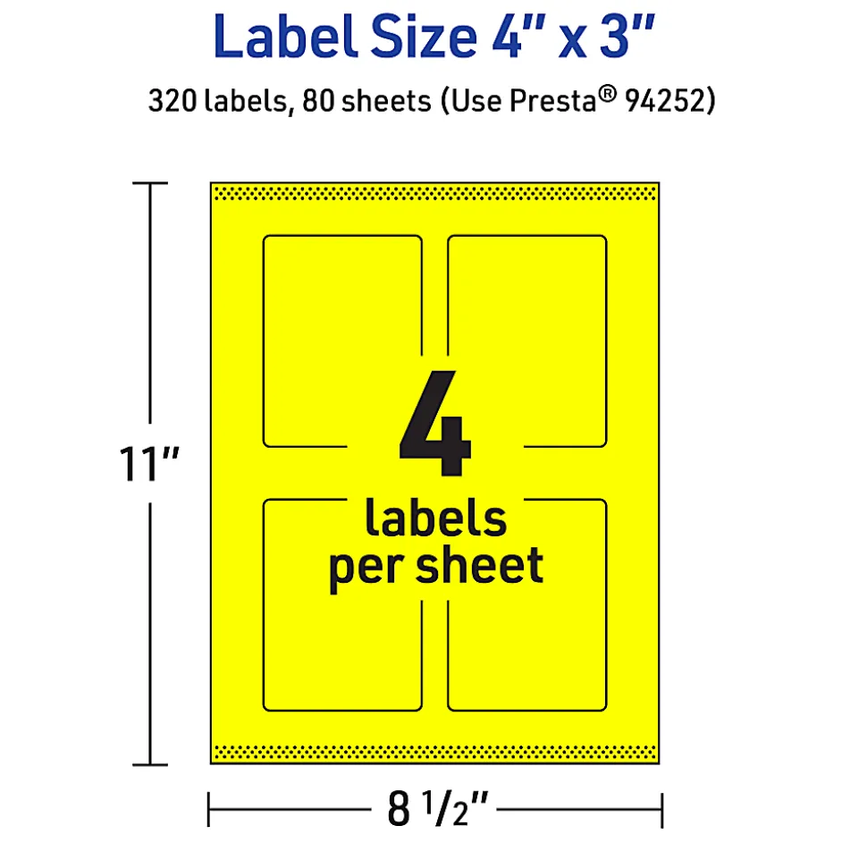 Avery® Print-To-The-Edge Labels With Sure Feed® Technology, 94252-NYP80, Rectangle, 4" x 3", Matte Neon Yellow, Pack of 320