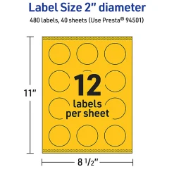Avery® Print-To-The-Edge Labels With Sure Feed® Technology And Easy Peel® Label Feature, 94501-BYP40, Round, 2", Matte Bright Yellow, Pack of 480