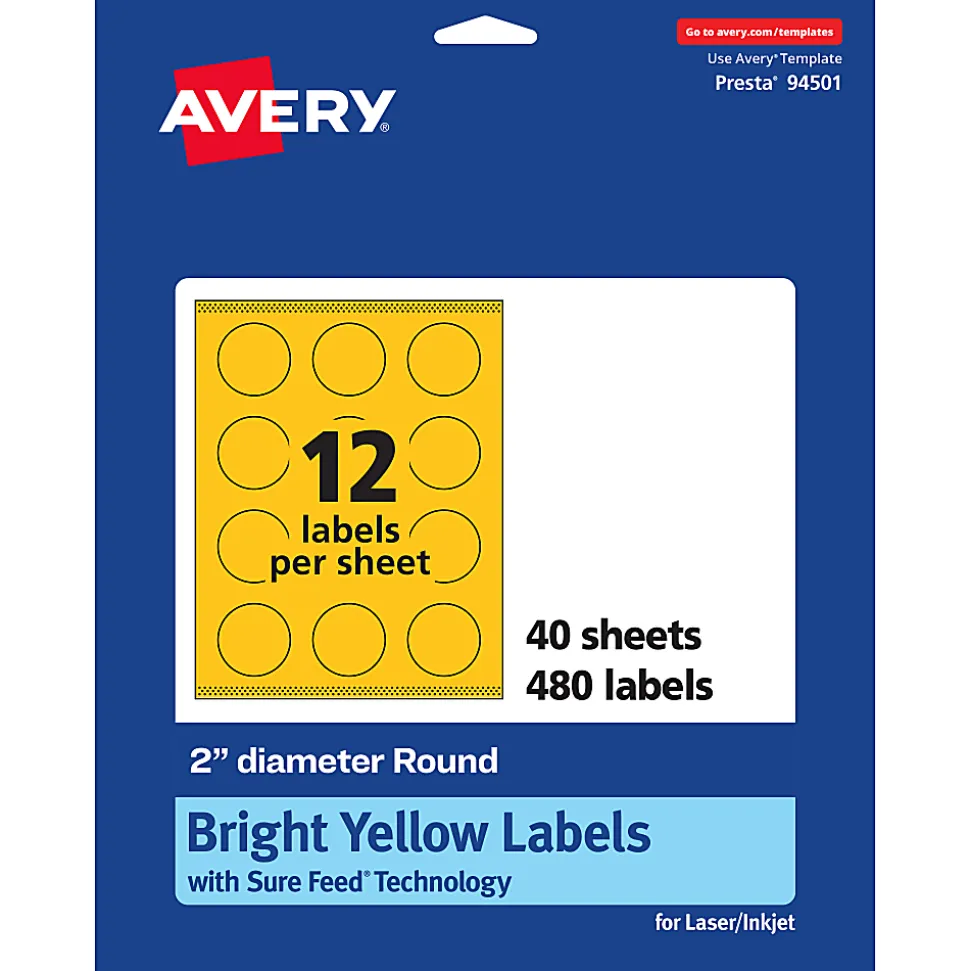 Avery® Print-To-The-Edge Labels With Sure Feed® Technology And Easy Peel® Label Feature, 94501-BYP40, Round, 2", Matte Bright Yellow, Pack of 480
