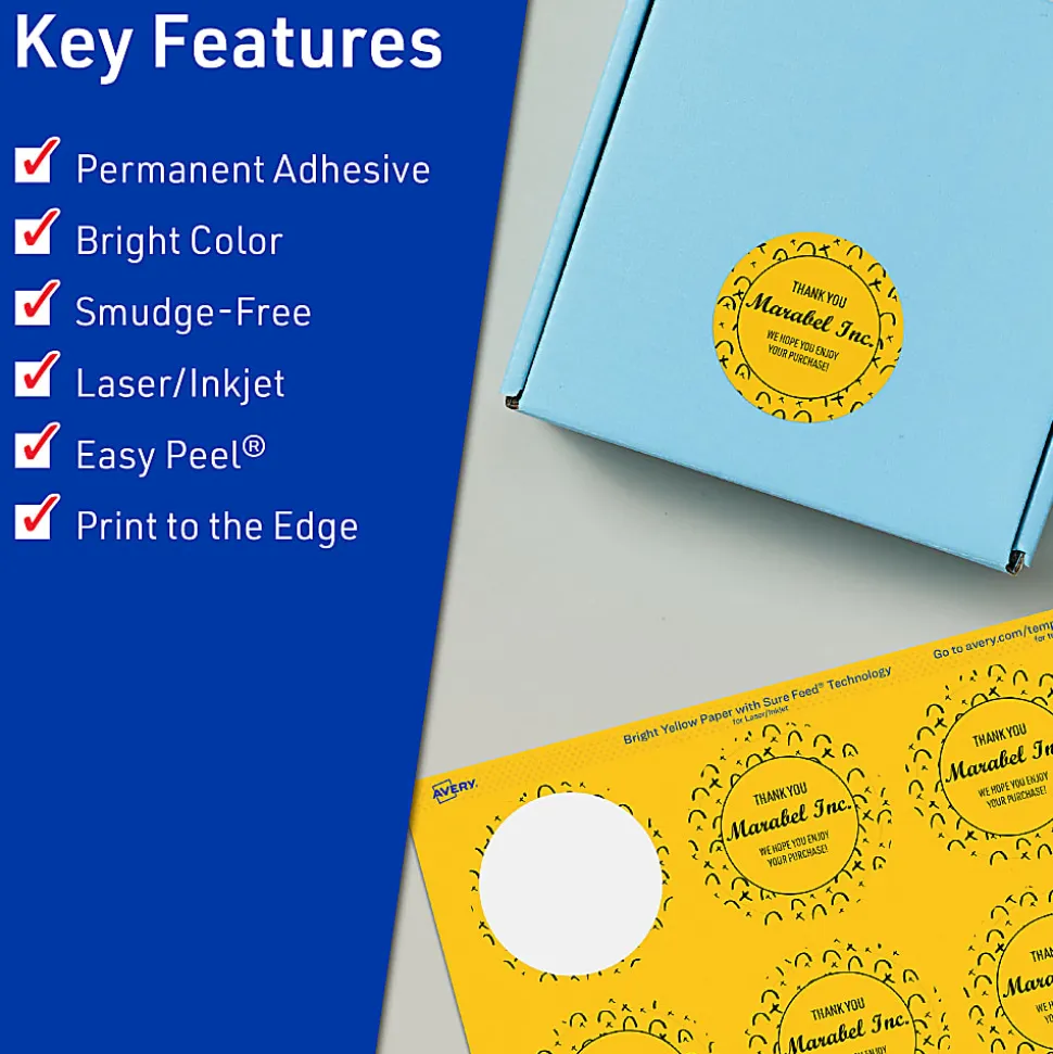 Avery® Print-To-The-Edge Labels With Sure Feed® Technology And Easy Peel® Label Feature, 94501-BYP40, Round, 2", Matte Bright Yellow, Pack of 480