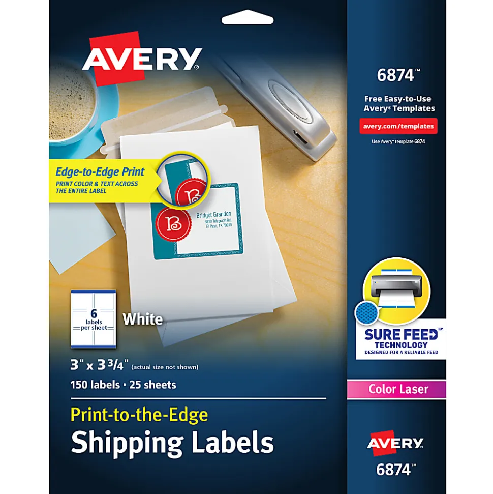 Avery® Print-to-the-Edge Shipping Labels With Sure Feed® For Color Laser Printers, 6874, Rectangle, 3" x 3-3/4", White, Pack Of 150