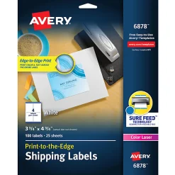 Avery® Print-to-the-Edge Shipping Labels With Sure Feed® For Laser & Inkjet Printers, 6878, Rectangle, 3-3/4