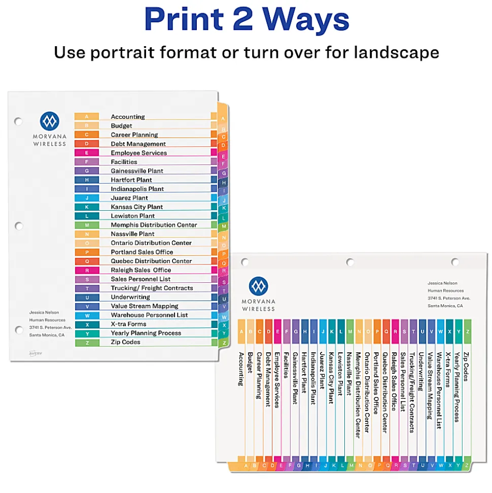 Avery® Ready Index® A-Z Tab With Customizable Table of Contents Binder Dividers, 8-1/2" x 11", 26 Tab, Multicolor, 1 Set