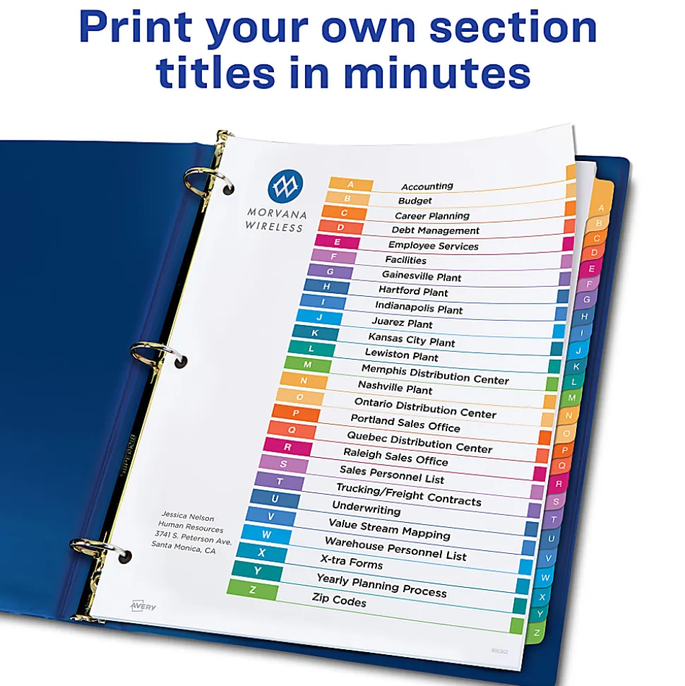 Avery® Ready Index® A-Z Tab With Customizable Table of Contents Binder Dividers, 8-1/2" x 11", 26 Tab, Multicolor, 1 Set