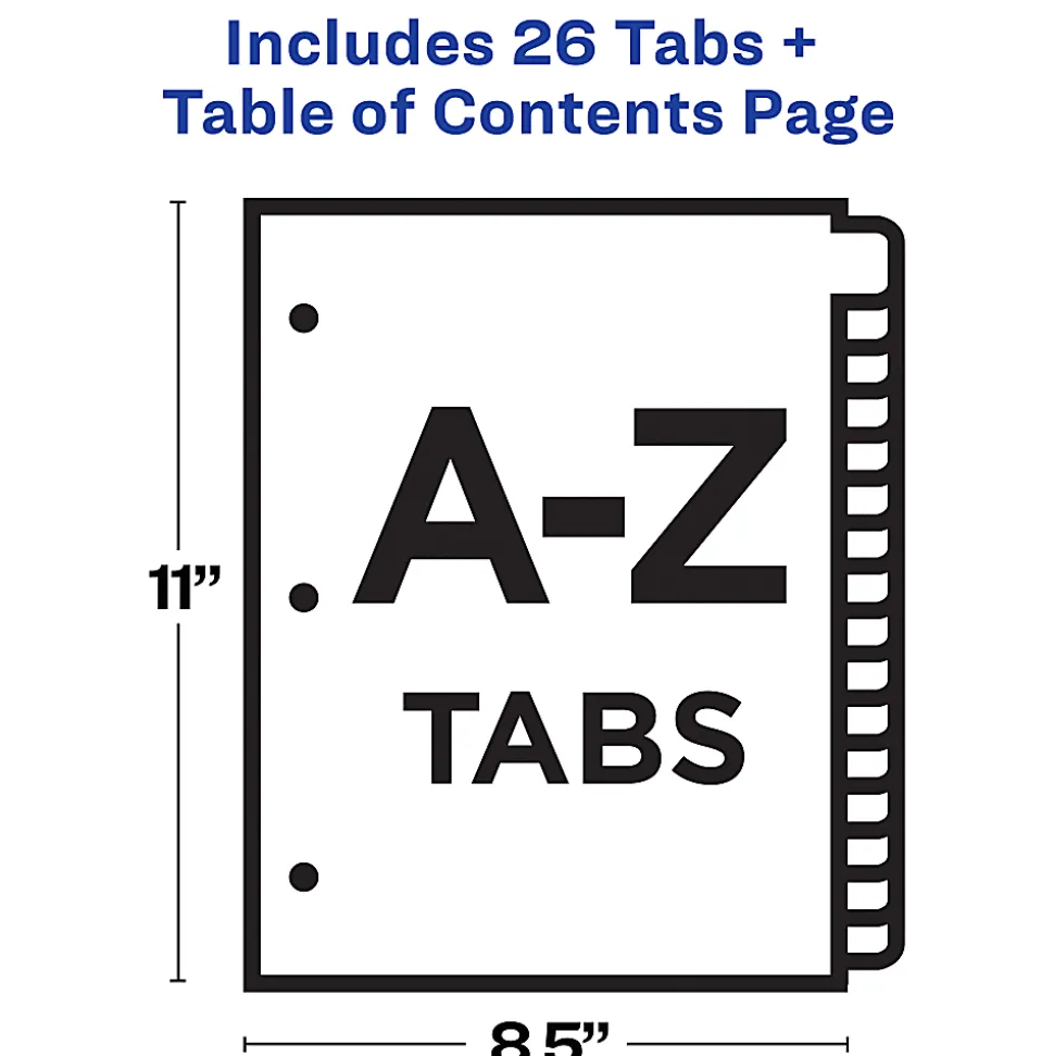 Avery® Ready Index® A-Z Tab With Customizable Table of Contents Binder Dividers, 8-1/2" x 11", 26 Tab, Multicolor, 1 Set