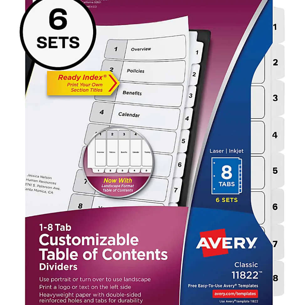 Avery® Ready Index Binder Dividers, 8-1/2" x 11, White, 8 Dividers Per Set, Pack Of 6 Sets