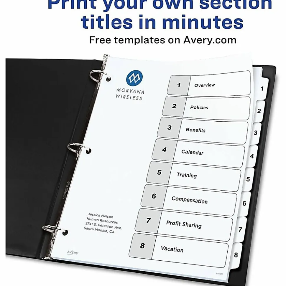 Avery® Ready Index Binder Dividers, 8-1/2" x 11, White, 8 Dividers Per Set, Pack Of 6 Sets